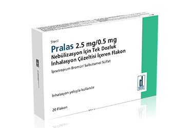 PRALAS 2.5 mg/0.5 mg nebulizasyon için tek dozluk inhilasyon çöz. içeren 20 flakon kutu görseli
